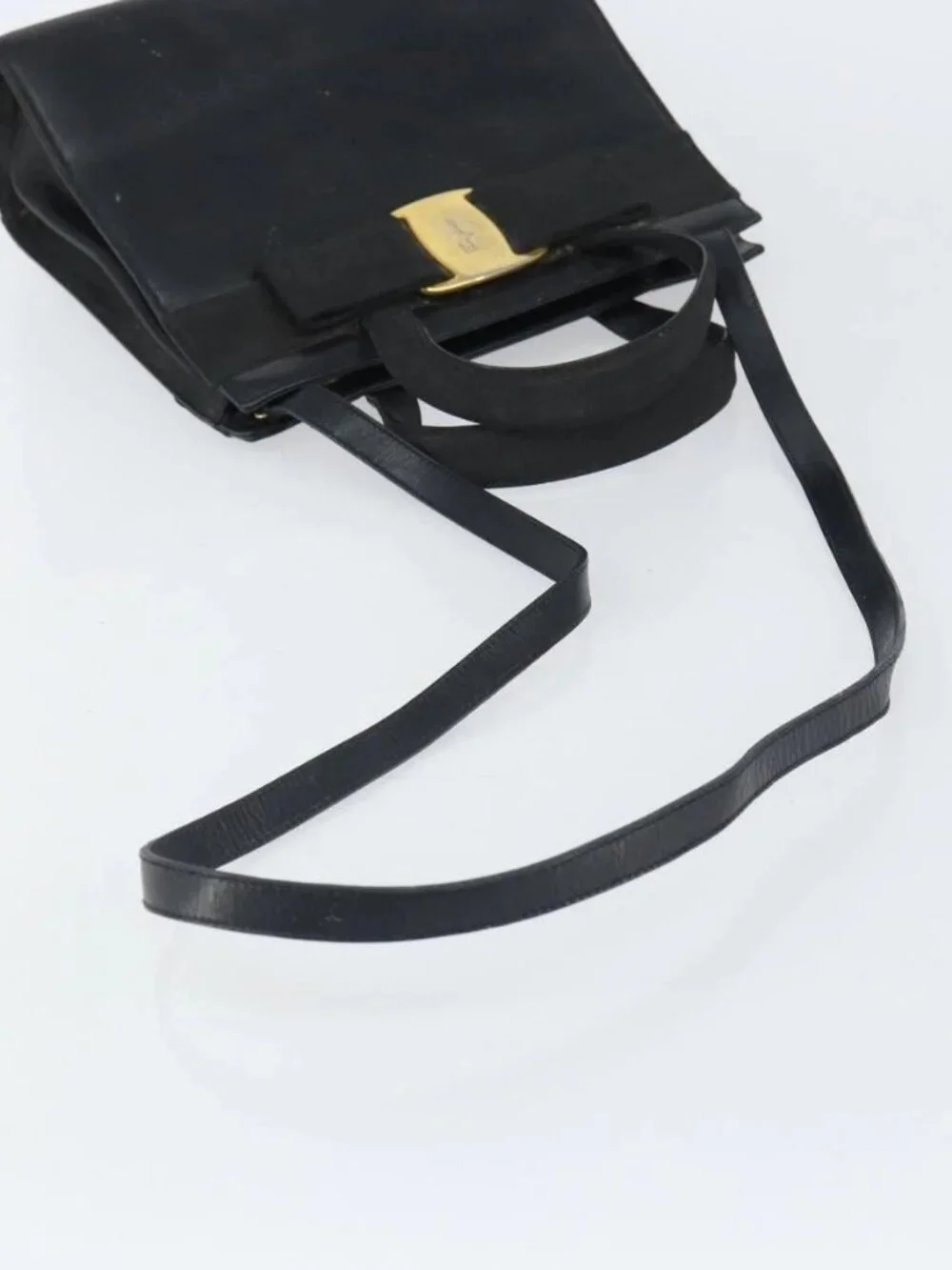 Salvatore Ferragamo Vala Hand Bag Leather 2way Black Gold Auth 161693